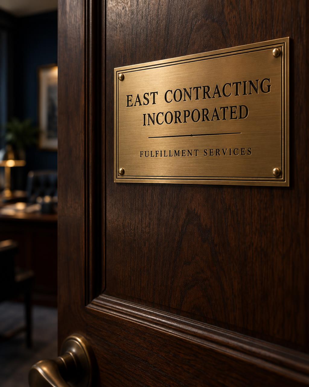 Engraved brass plaque on a dark walnut office door reading East Contracting Incorporated